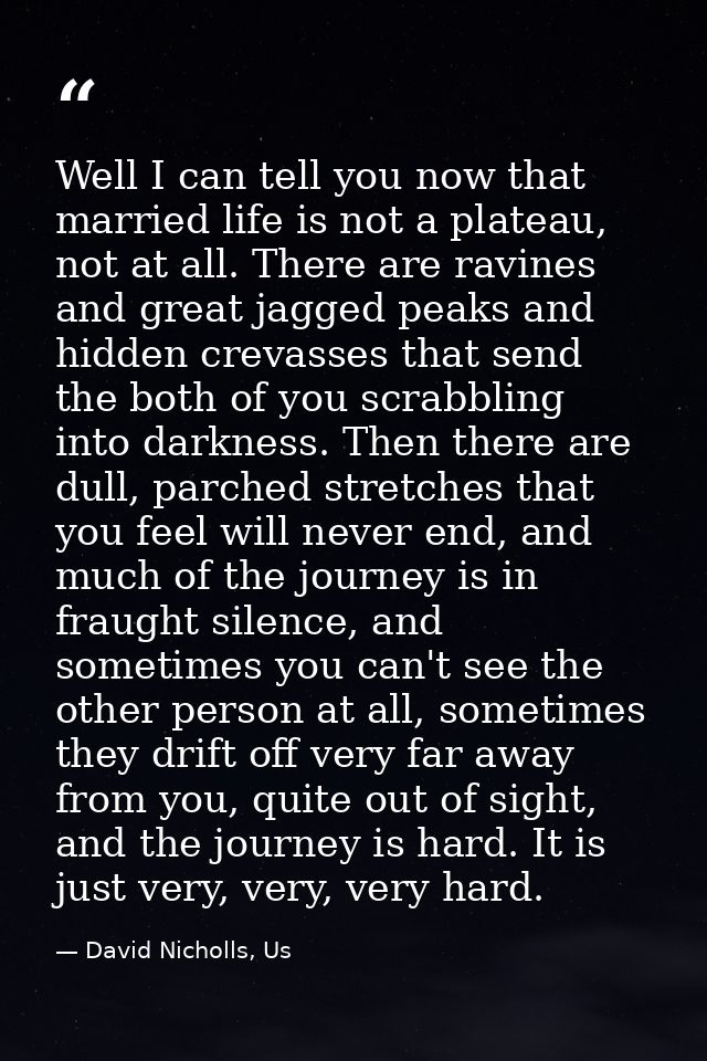 Well I can tell you now that married life is not a plateau, not at all. There are ravines and great jagged peaks and hid — David Nicholls, Us