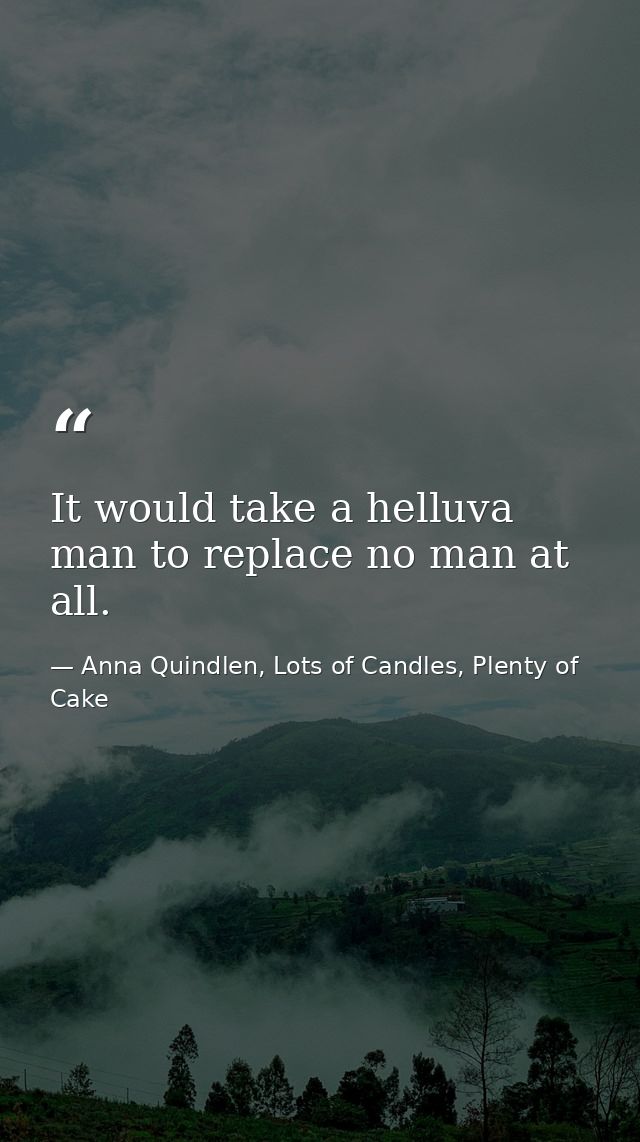 It would take a helluva man to replace no man at all. — Anna Quindlen, Lots of Candles, Plenty of Cake