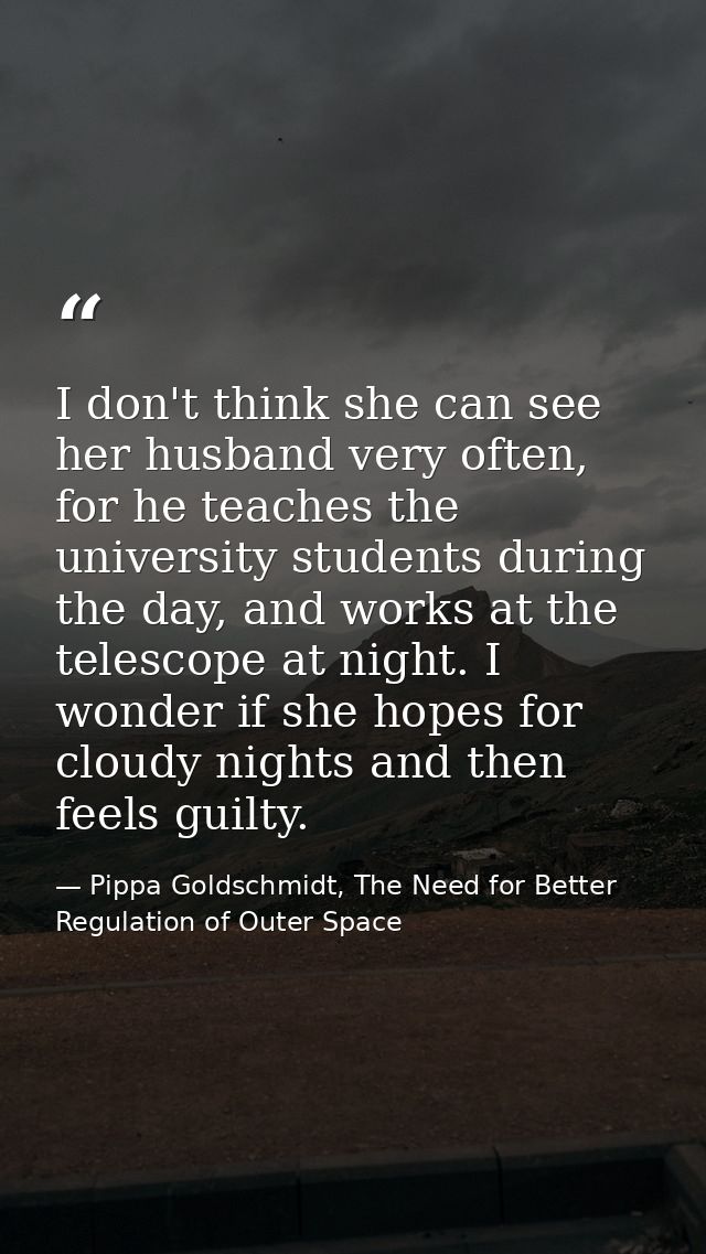 I don't think she can see her husband very often, for he teaches the university students during the day, and works at th — Pippa Goldschmidt, The Need for Better Regulation of Outer Space