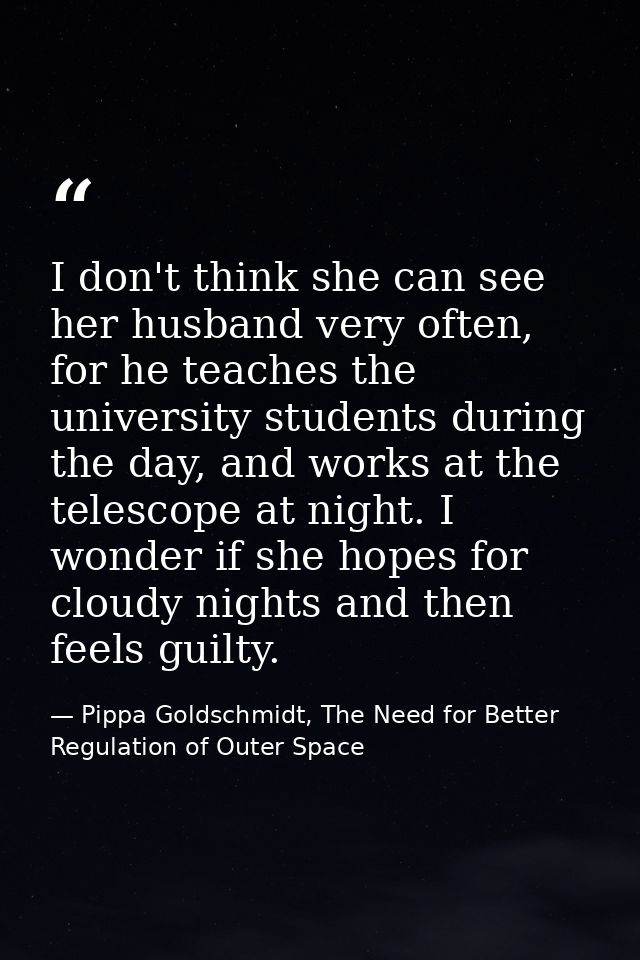 I don't think she can see her husband very often, for he teaches the university students during the day, and works at th — Pippa Goldschmidt, The Need for Better Regulation of Outer Space