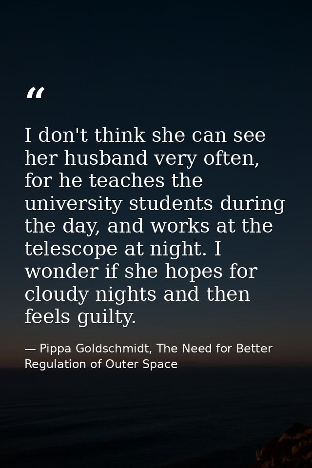 I don't think she can see her husband very often, for he teaches the university students during the day, and works at th — Pippa Goldschmidt, The Need for Better Regulation of Outer Space
