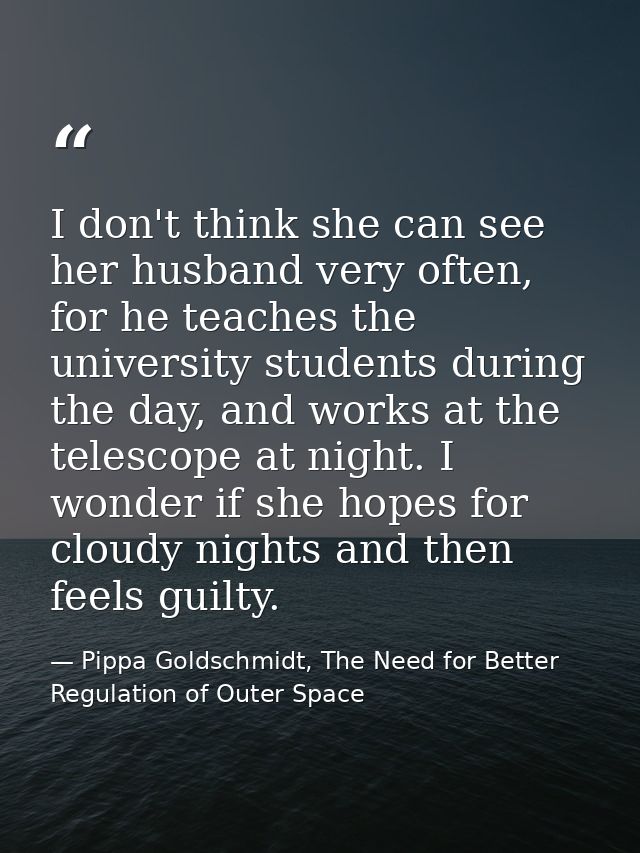 I don't think she can see her husband very often, for he teaches the university students during the day, and works at th — Pippa Goldschmidt, The Need for Better Regulation of Outer Space