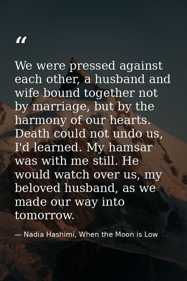 We were pressed against each other, a husband and wife bound together not by marriage, but by the harmony of our hearts. — Nadia Hashimi, When the Moon is Low