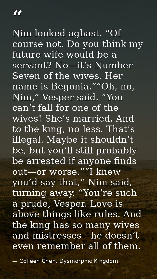 Nim looked aghast. “Of course not. Do you think my future wife would be a servant? No—it’s Number Seven of the wives. He — Colleen Chen, Dysmorphic Kingdom