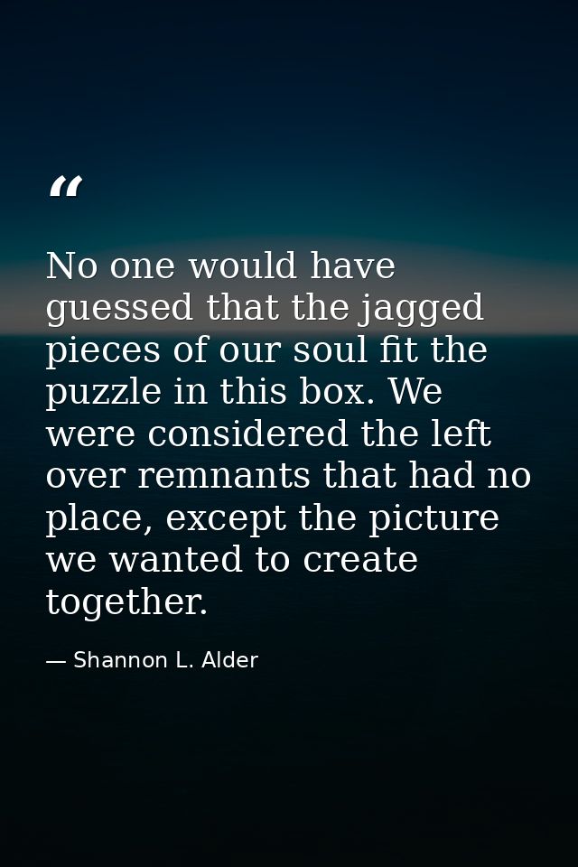 No one would have guessed that the jagged pieces of our soul fit the puzzle in this box. We were considered the left ove — Shannon L. Alder