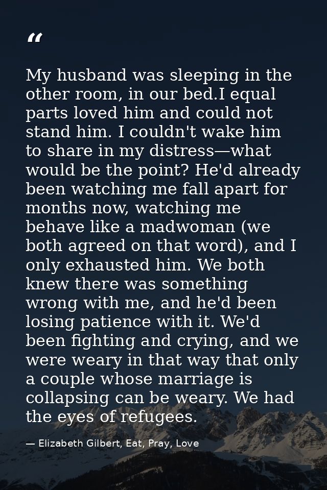 My husband was sleeping in the other room, in our bed.I equal parts loved him and could not stand him. I couldn't wake h — Elizabeth Gilbert, Eat, Pray, Love