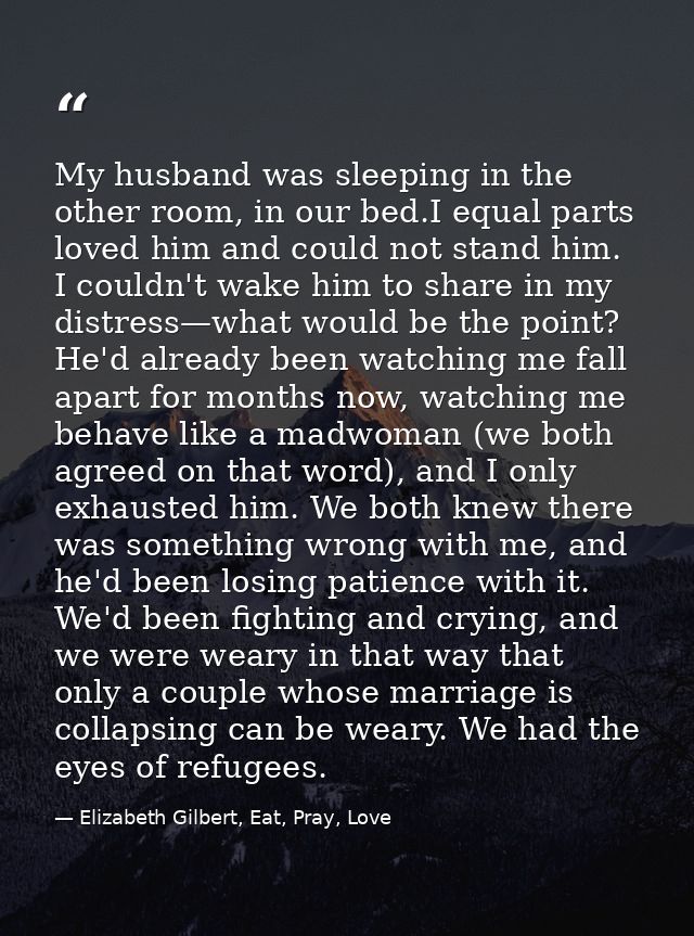My husband was sleeping in the other room, in our bed.I equal parts loved him and could not stand him. I couldn't wake h — Elizabeth Gilbert, Eat, Pray, Love