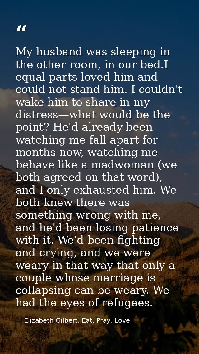 My husband was sleeping in the other room, in our bed.I equal parts loved him and could not stand him. I couldn't wake h — Elizabeth Gilbert, Eat, Pray, Love