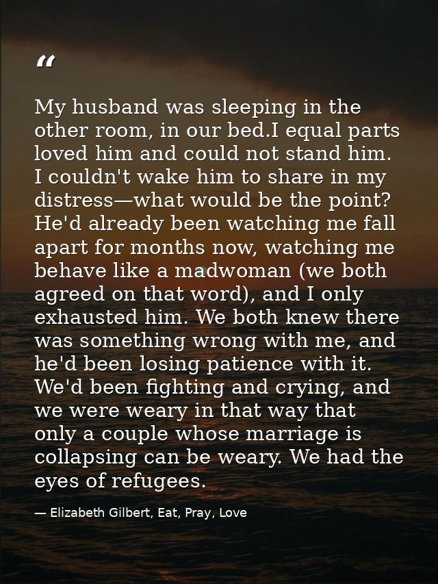 My husband was sleeping in the other room, in our bed.I equal parts loved him and could not stand him. I couldn't wake h — Elizabeth Gilbert, Eat, Pray, Love