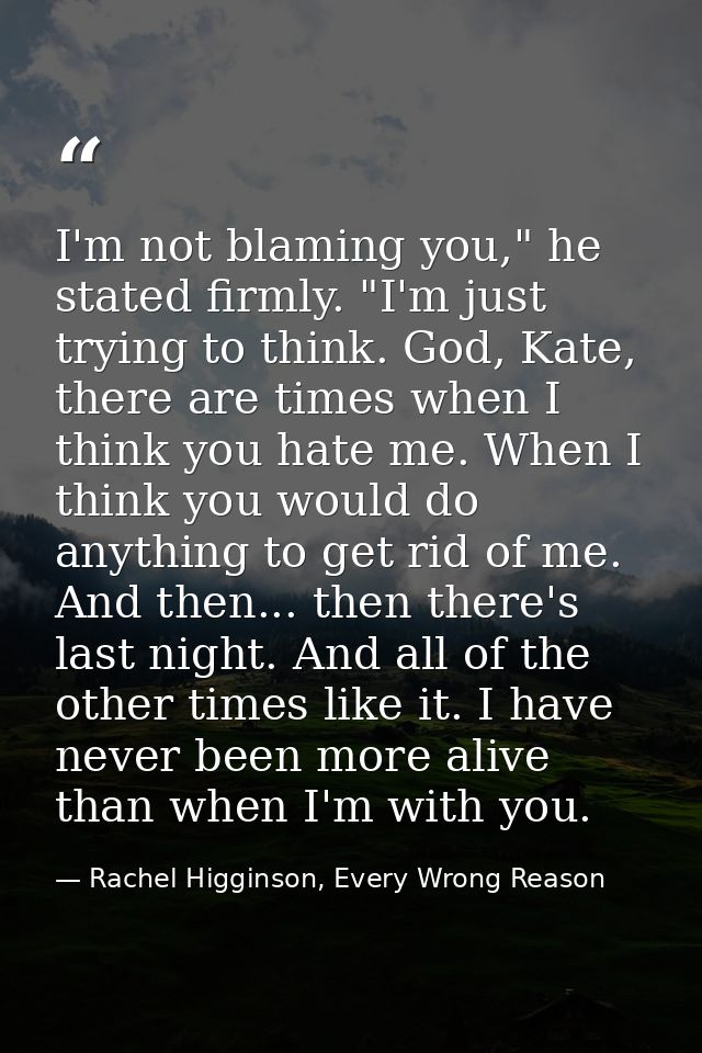 I'm not blaming you," he stated firmly. "I'm just trying to think. God, Kate, there are times when I think you hate me.  — Rachel Higginson, Every Wrong Reason
