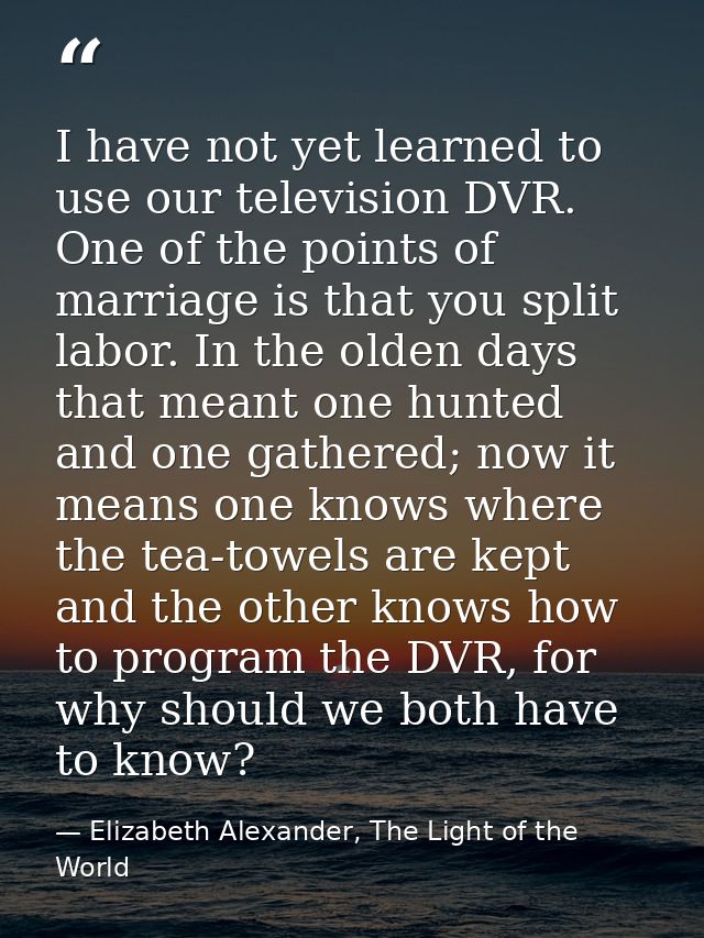 I have not yet learned to use our television DVR. One of the points of marriage is that you split labor. In the olden da — Elizabeth Alexander, The Light of the World