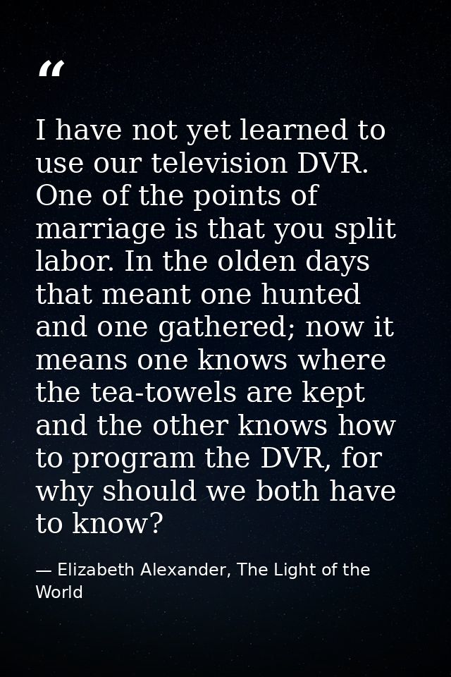 I have not yet learned to use our television DVR. One of the points of marriage is that you split labor. In the olden da — Elizabeth Alexander, The Light of the World