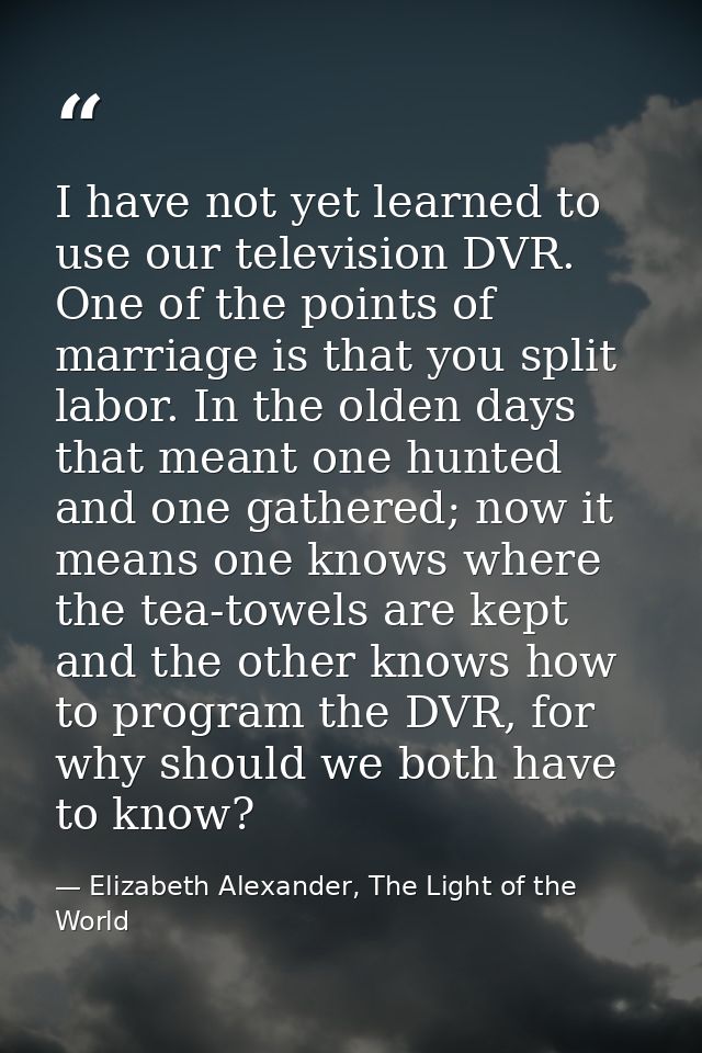 I have not yet learned to use our television DVR. One of the points of marriage is that you split labor. In the olden da — Elizabeth Alexander, The Light of the World