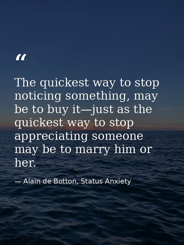 The quickest way to stop noticing something, may be to buy it—just as the quickest way to stop appreciating someone may  — Alain de Botton, Status Anxiety