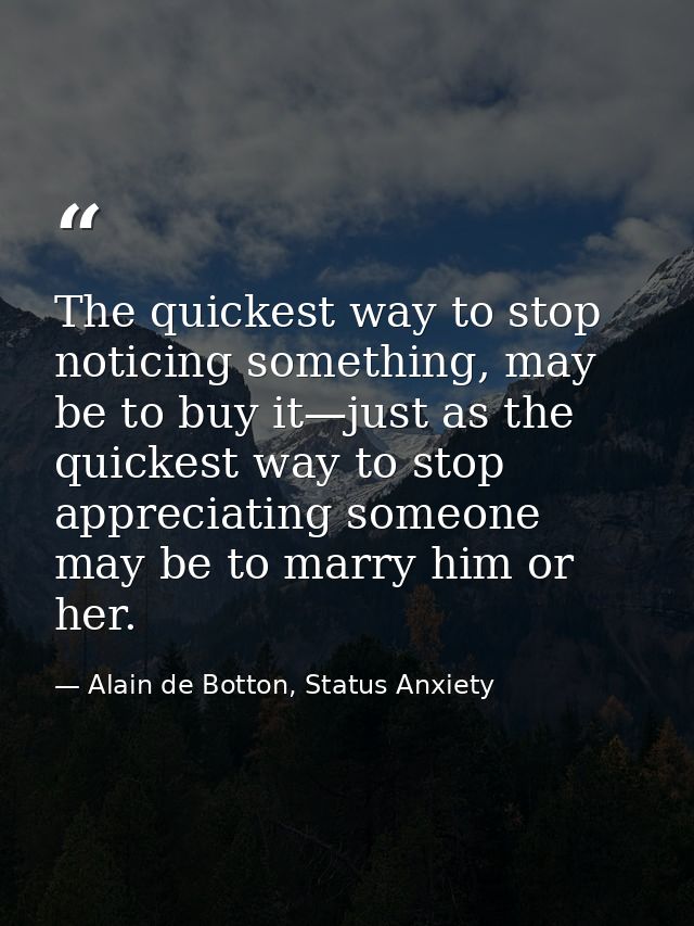 The quickest way to stop noticing something, may be to buy it—just as the quickest way to stop appreciating someone may  — Alain de Botton, Status Anxiety