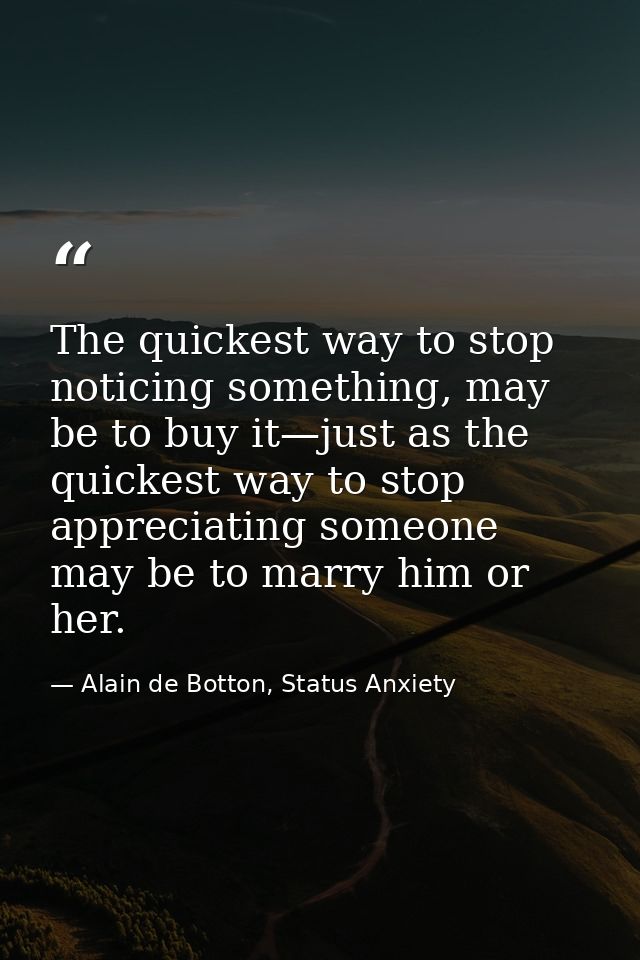 The quickest way to stop noticing something, may be to buy it—just as the quickest way to stop appreciating someone may  — Alain de Botton, Status Anxiety