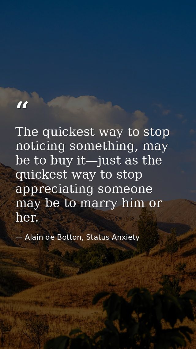 The quickest way to stop noticing something, may be to buy it—just as the quickest way to stop appreciating someone may  — Alain de Botton, Status Anxiety