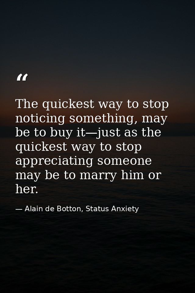 The quickest way to stop noticing something, may be to buy it—just as the quickest way to stop appreciating someone may  — Alain de Botton, Status Anxiety