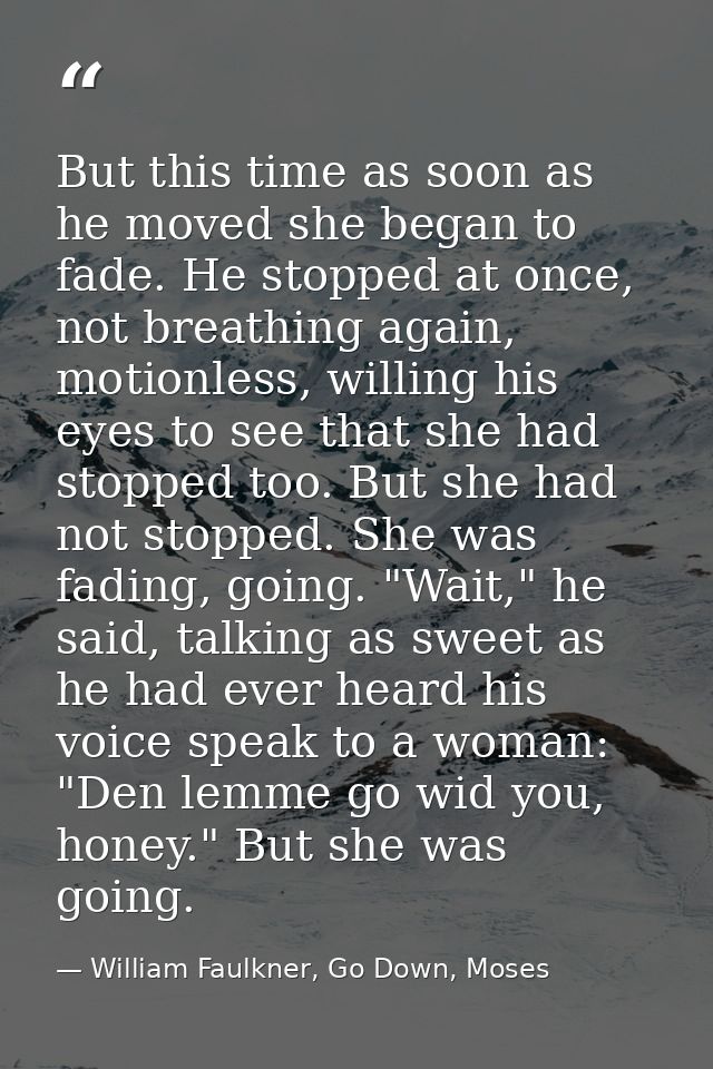 But this time as soon as he moved she began to fade. He stopped at once, not breathing again, motionless, willing his ey — William Faulkner, Go Down, Moses