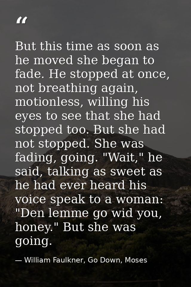 But this time as soon as he moved she began to fade. He stopped at once, not breathing again, motionless, willing his ey — William Faulkner, Go Down, Moses