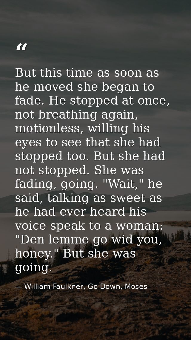But this time as soon as he moved she began to fade. He stopped at once, not breathing again, motionless, willing his ey — William Faulkner, Go Down, Moses