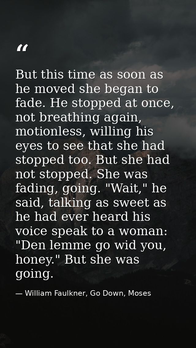 But this time as soon as he moved she began to fade. He stopped at once, not breathing again, motionless, willing his ey — William Faulkner, Go Down, Moses