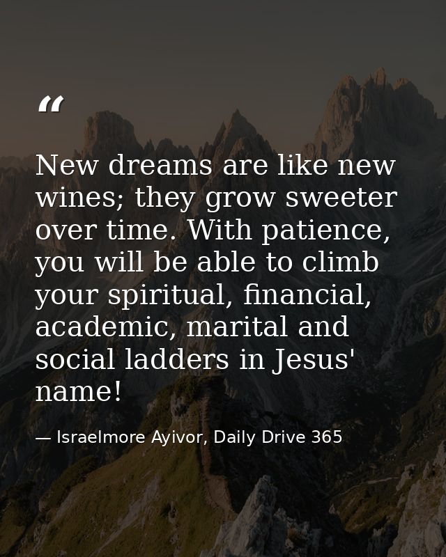 New dreams are like new wines; they grow sweeter over time. With patience, you will be able to climb your spiritual, fin — Israelmore Ayivor, Daily Drive 365