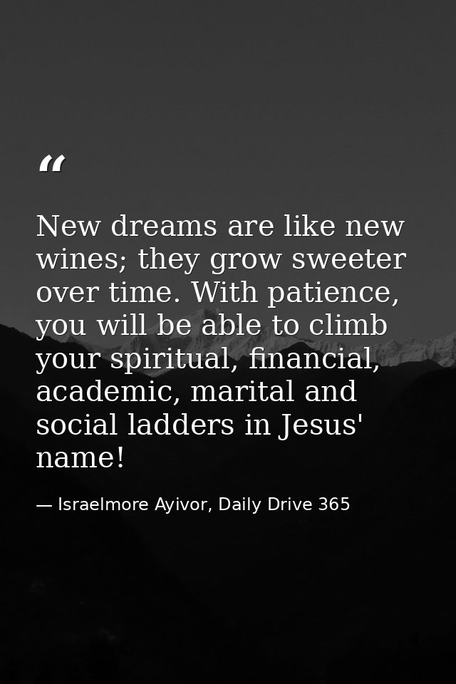 New dreams are like new wines; they grow sweeter over time. With patience, you will be able to climb your spiritual, fin — Israelmore Ayivor, Daily Drive 365