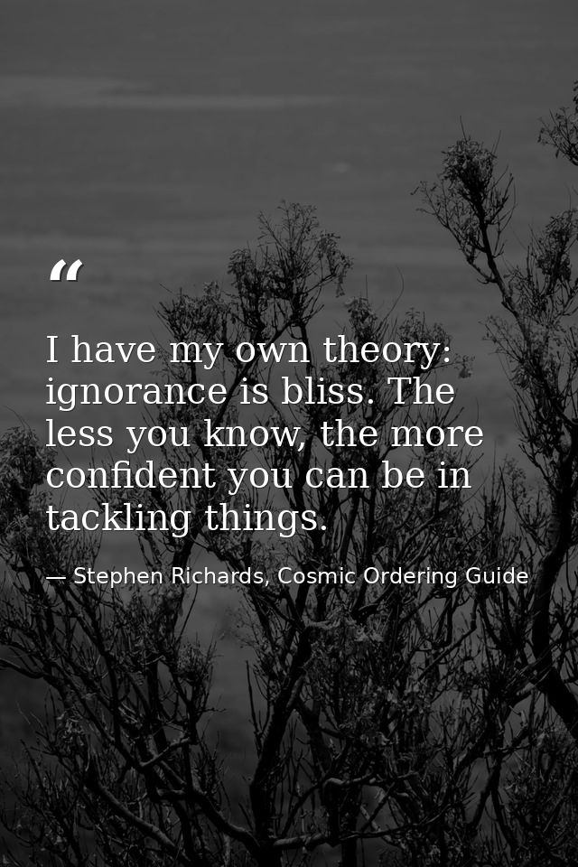 I have my own theory: ignorance is bliss. The less you know, the more confident you can be in tackling things. — Stephen Richards, Cosmic Ordering Guide