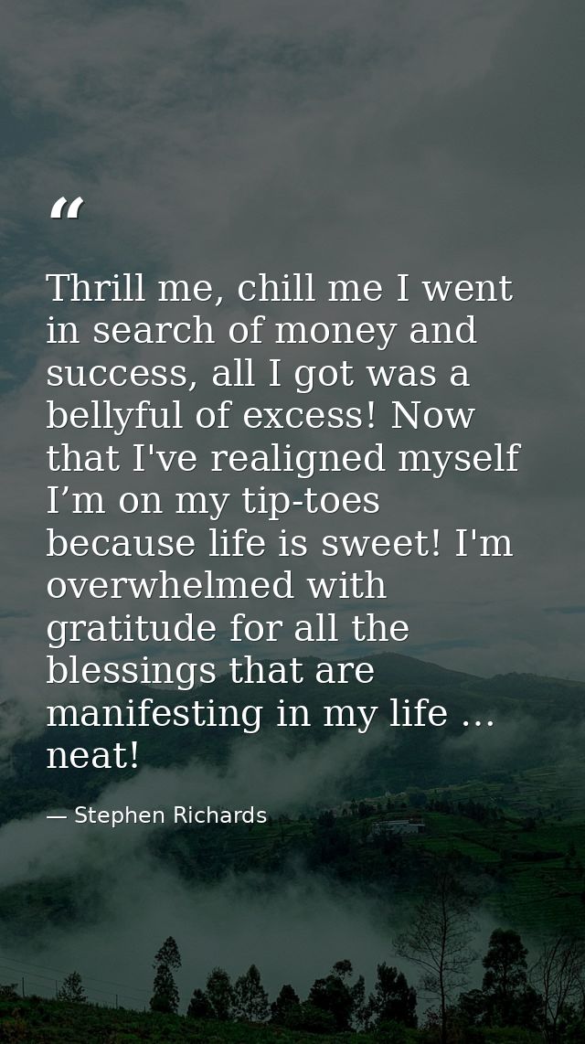 Thrill me, chill me I went in search of money and success, all I got was a bellyful of excess! Now that I've realigned m — Stephen Richards