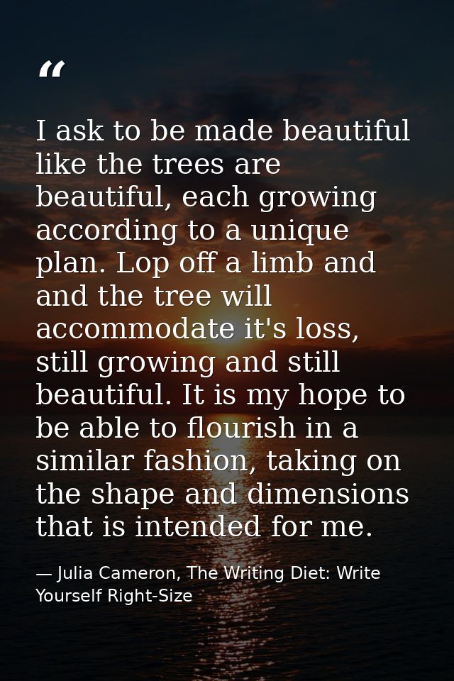 I ask to be made beautiful like the trees are beautiful, each growing according to a unique plan. Lop off a limb and and — Julia Cameron, The Writing Diet: Write Yourself Right-Size