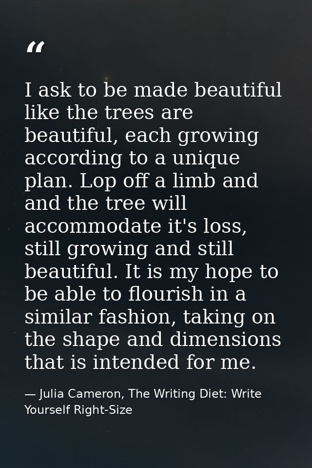 I ask to be made beautiful like the trees are beautiful, each growing according to a unique plan. Lop off a limb and and — Julia Cameron, The Writing Diet: Write Yourself Right-Size