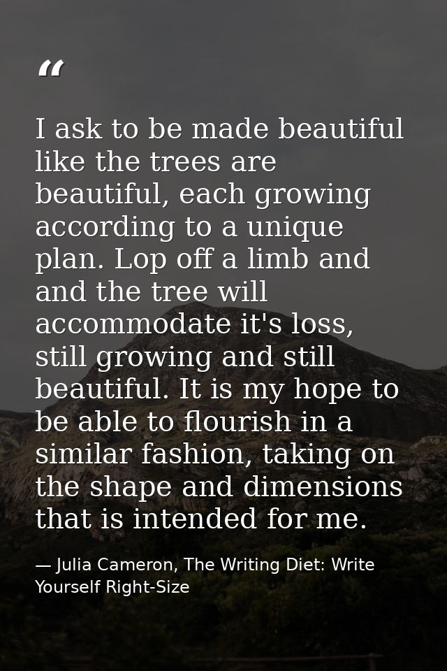 I ask to be made beautiful like the trees are beautiful, each growing according to a unique plan. Lop off a limb and and — Julia Cameron, The Writing Diet: Write Yourself Right-Size