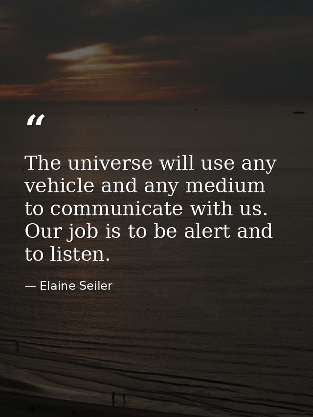 The universe will use any vehicle and any medium to communicate with us. Our job is to be alert and to listen. — Elaine Seiler
