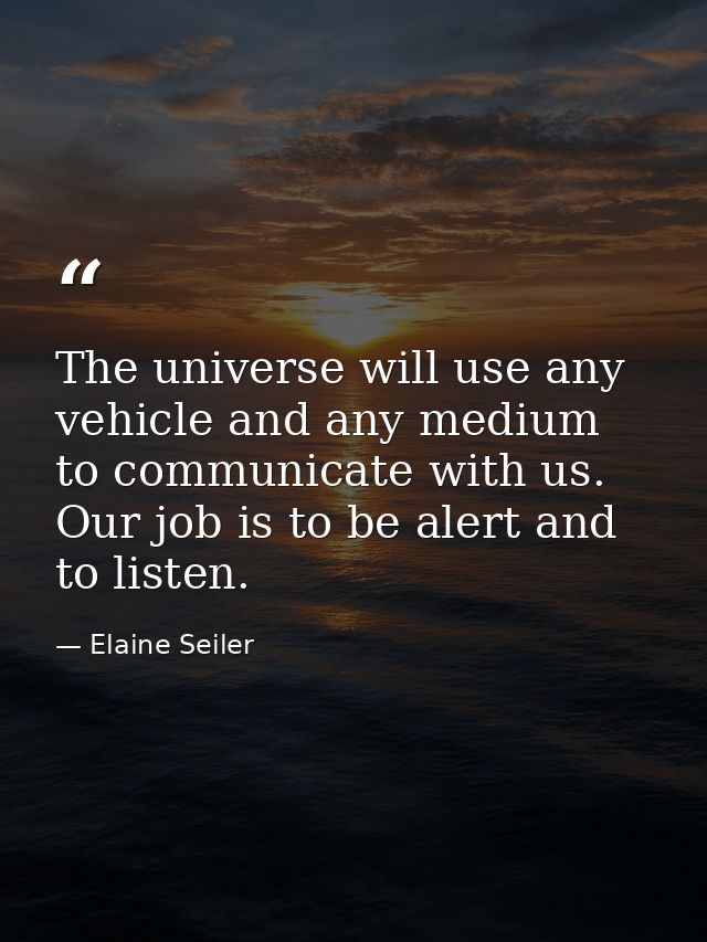 The universe will use any vehicle and any medium to communicate with us. Our job is to be alert and to listen. — Elaine Seiler