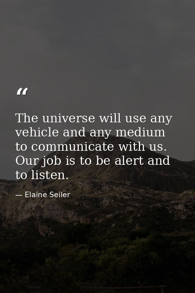 The universe will use any vehicle and any medium to communicate with us. Our job is to be alert and to listen. — Elaine Seiler