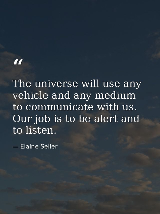 The universe will use any vehicle and any medium to communicate with us. Our job is to be alert and to listen. — Elaine Seiler