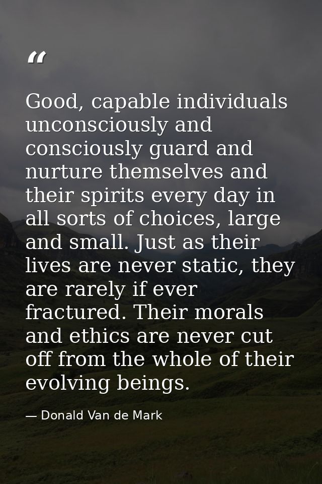 Good, capable individuals unconsciously and consciously guard and nurture themselves and their spirits every day in all  — Donald Van de Mark