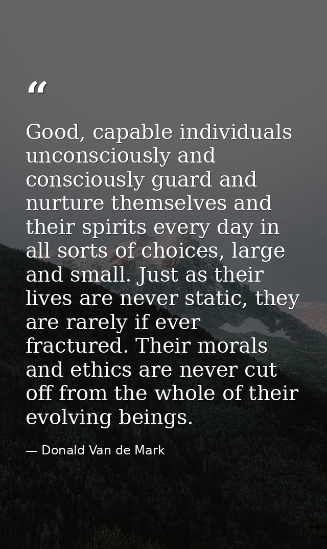 Good, capable individuals unconsciously and consciously guard and nurture themselves and their spirits every day in all  — Donald Van de Mark