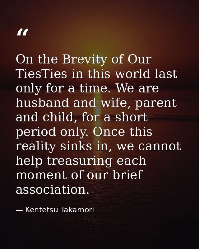 On the Brevity of Our TiesTies in this world last only for a time. We are husband and wife, parent and child, for a shor — Kentetsu Takamori