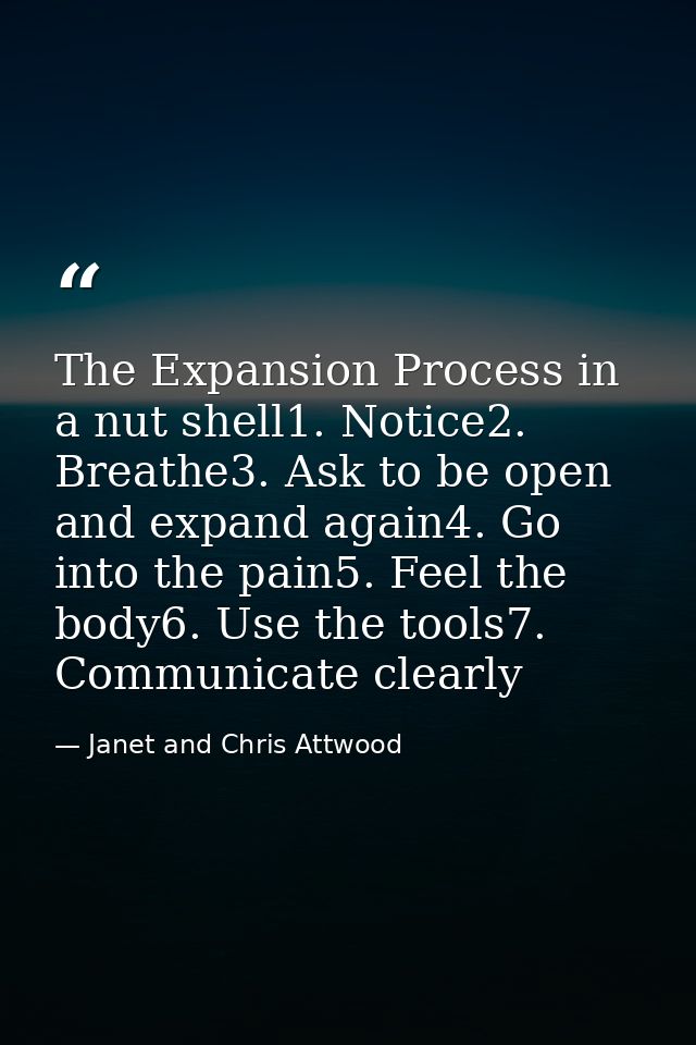 The Expansion Process in a nut shell1. Notice2. Breathe3. Ask to be open and expand again4. Go into the pain5. Feel the  — Janet and Chris Attwood