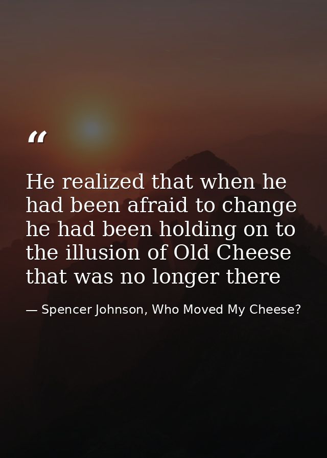 He realized that when he had been afraid to change he had been holding on to the illusion of Old Cheese that was no long — Spencer Johnson, Who Moved My Cheese?
