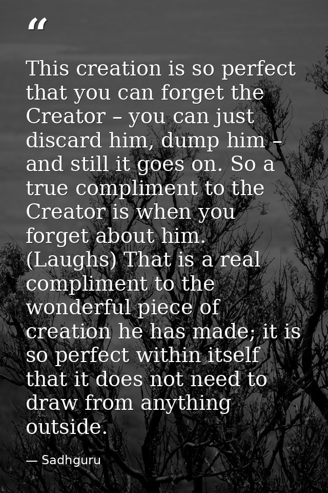 This creation is so perfect that you can forget the Creator – you can just discard him, dump him – and still it goes on. — Sadhguru