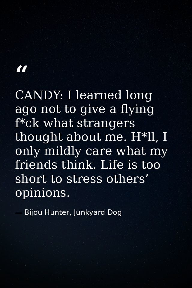 CANDY: I learned long ago not to give a flying f*ck what strangers thought about me. H*ll, I only mildly care what my fr — Bijou Hunter, Junkyard Dog