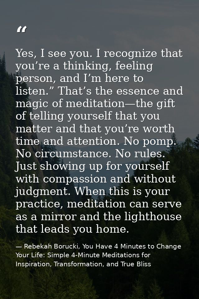 Yes, I see you. I recognize that you’re a thinking, feeling person, and I’m here to listen.” That’s the essence and magi — Rebekah Borucki, You Have 4 Minutes to Change Your Life: Simple 4-Minute Meditations for Inspiration, Transformation, and True Bliss
