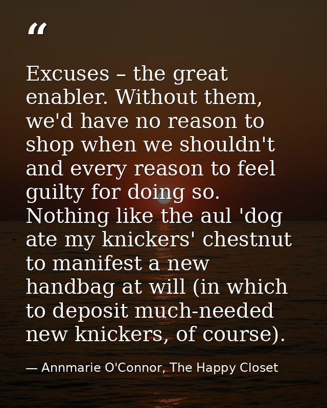 Excuses – the great enabler. Without them, we'd have no reason to shop when we shouldn't and every reason to feel guilty — Annmarie O'Connor, The Happy Closet