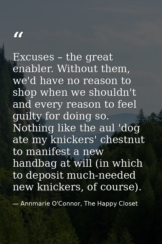 Excuses – the great enabler. Without them, we'd have no reason to shop when we shouldn't and every reason to feel guilty — Annmarie O'Connor, The Happy Closet