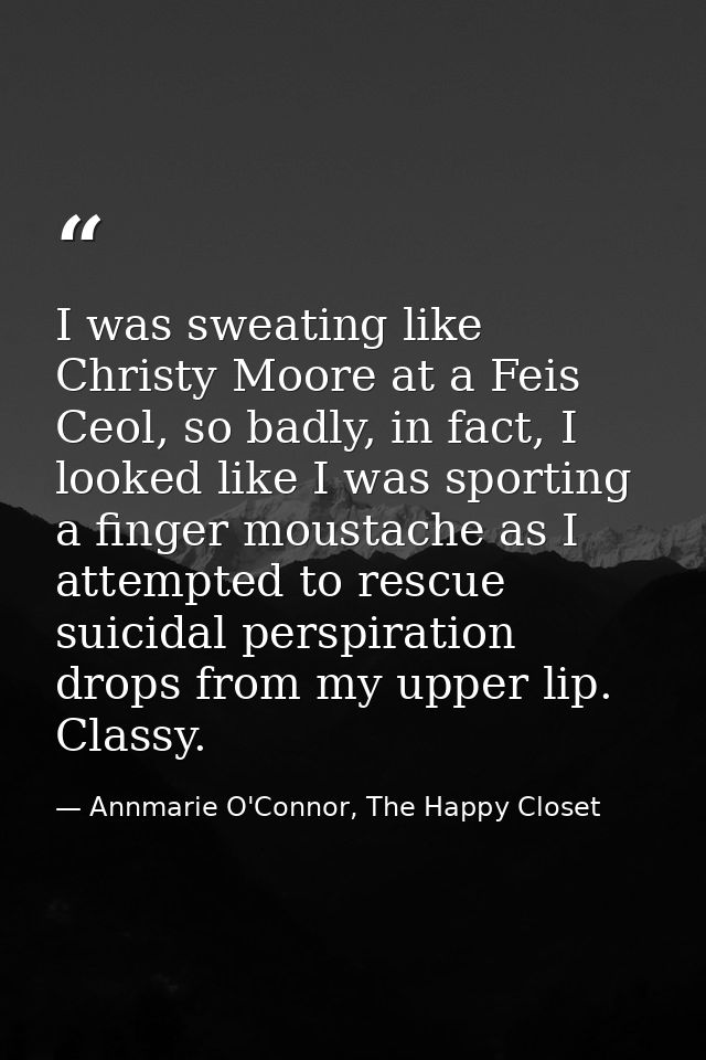 I was sweating like Christy Moore at a Feis Ceol, so badly, in fact, I looked like I was sporting a finger moustache as  — Annmarie O'Connor, The Happy Closet