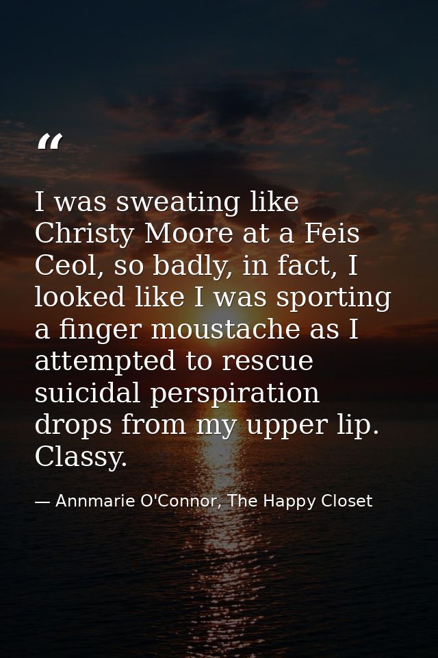 I was sweating like Christy Moore at a Feis Ceol, so badly, in fact, I looked like I was sporting a finger moustache as  — Annmarie O'Connor, The Happy Closet