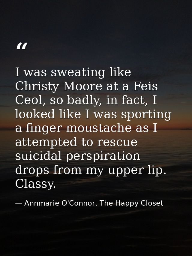 I was sweating like Christy Moore at a Feis Ceol, so badly, in fact, I looked like I was sporting a finger moustache as  — Annmarie O'Connor, The Happy Closet